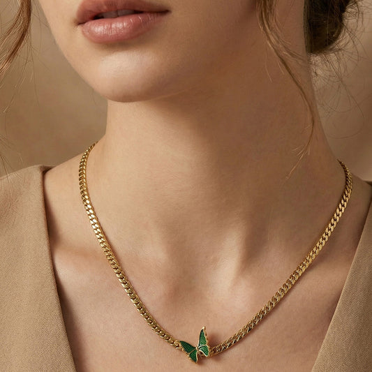 B廠【P023】歐美ins時尚創意綠蝴蝶滴油頸鍊不銹鋼鍍18k真金氣質百搭鎖骨項鍊
 26.02-1