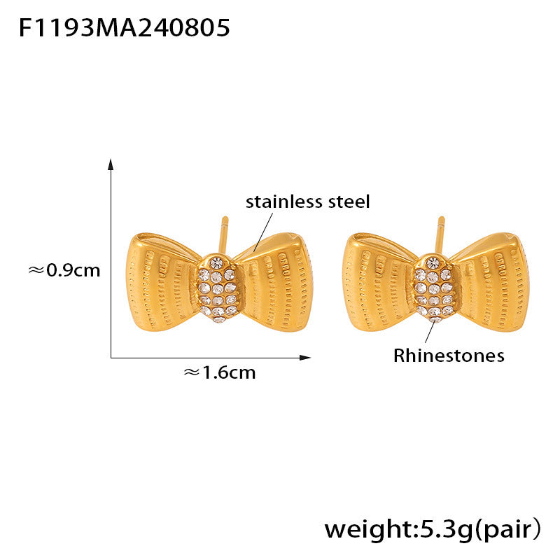 B廠【F1191】跨國新款愛心褶皺蝴蝶結微鑲鑽玻璃石耳環簡約氣質不鏽鋼鍍金耳飾 24.08-3