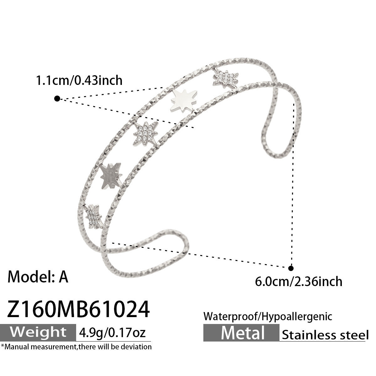 B廠【Z160】跨境時尚八角星鑲嵌鋯石不鏽鋼鍍金開口手鐲
 26.10-5