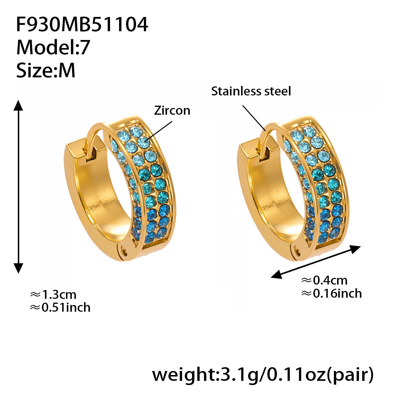 B廠【F930】ins風高品質彩色5A鋯石圓圈卡扣耳環不鏽鋼鍍18k真金耳飾女
 25.11-2