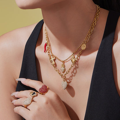 B廠【TXP450】5A鋯石皇冠愛心滿鑽開口戒指項鍊耳環組不銹鋼鍍18k真金
 25.10-4