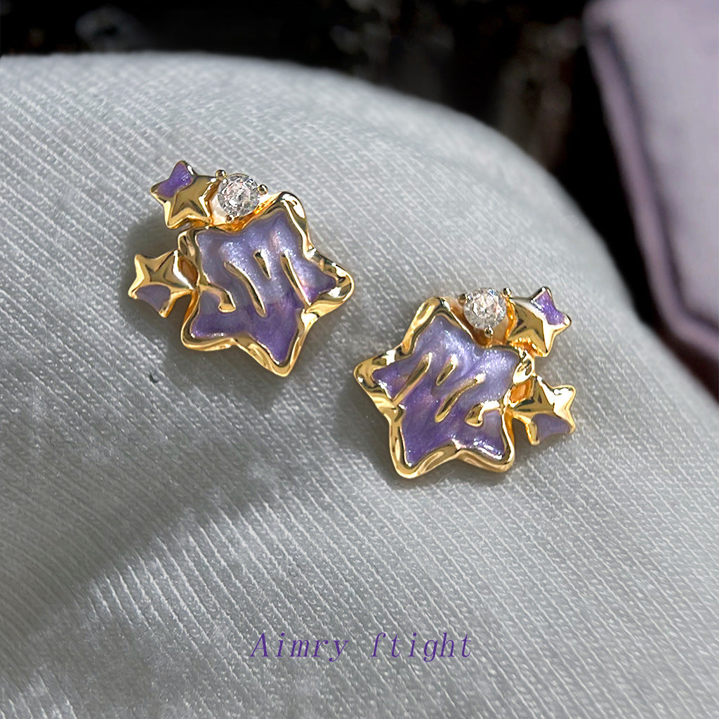 A廠【7200】原創琺瑯彩繪滴釉漸變色 925銀針鑲嵌鋯石紫色星星耳環個性耳飾女
 25.12-1