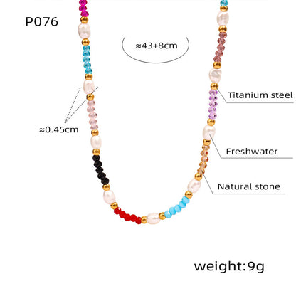 B廠【P076】波西米亞風彩色天然石串珠鎖骨鏈淡水米粒珍珠小眾氣質鈦鋼項鍊女 24.01-3