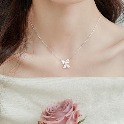 E廠【DQ1530N】S925純銀蝴蝶結鈴蘭花項鍊女甜美氣質磨砂花朵鎖骨鏈精緻首飾 25.08-2