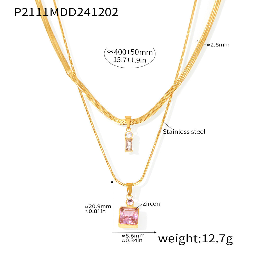 B廠【P2111】不鏽鋼雙層刀片鏈正方鋯石疊戴超美項鍊女秋冬輕奢小眾頸鏈 24.12-1