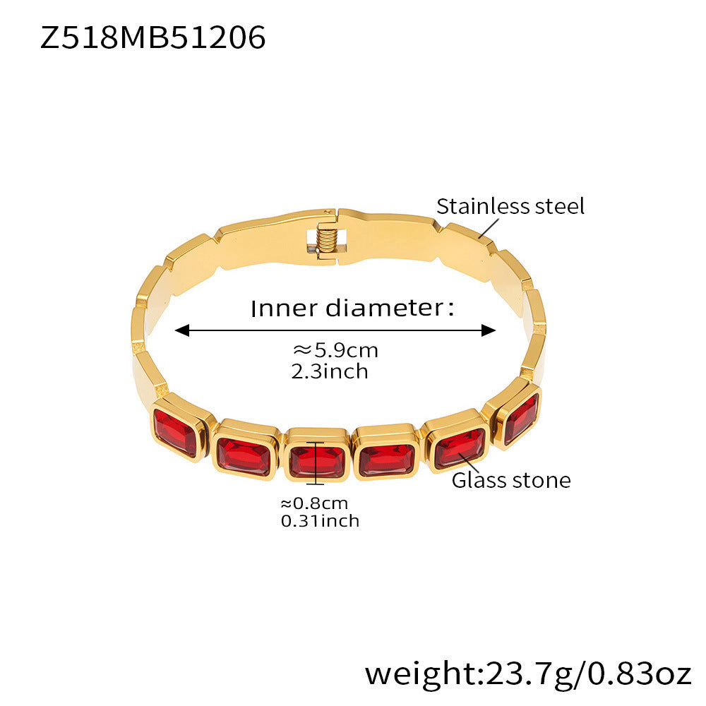 B廠【Z518】不鏽鋼方形彩色玻璃石手鐲ins小眾設計歐美潮酷飾品鍍18k金不掉色
 25.12-2