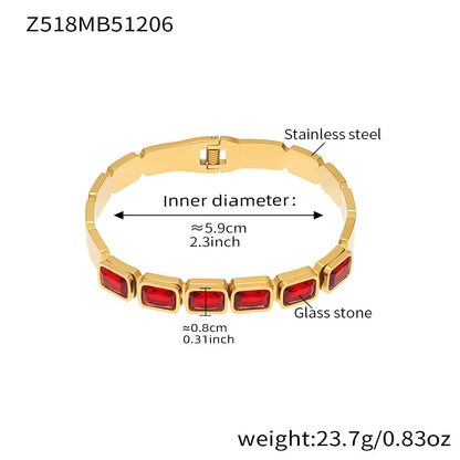 B廠【Z518】不鏽鋼方形彩色玻璃石手鐲ins小眾設計歐美潮酷飾品鍍18k金不掉色
 25.12-2