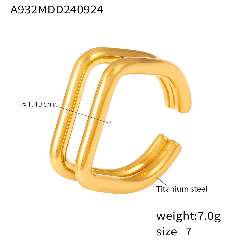 B廠【A932】INS風簡約雙層鏤空U形開口戒指小眾創意鈦鋼鍍18K金歐美跨境飾品 24.10-1