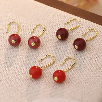 D廠【YC3453E】S925銀國潮硃砂耳鉤女民族風紅復古極簡圓形新中式耳環 25.02-2