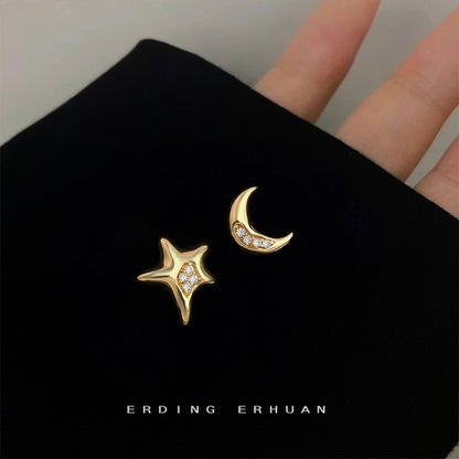 A廠【6406】原始不對稱設計AB款微鑲鋯石星星月亮925銀針耳飾耳環飾品女 25.07-2