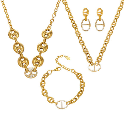 B廠【TXP532】歐美ins冷淡風豬鼻子鑲嵌鋯石項鍊手鍊耳環首飾組不銹鋼鍍18k金
 26.01-2