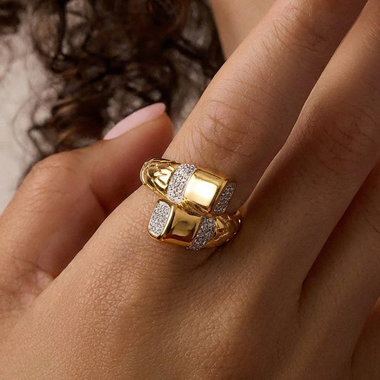 B廠【A042】不鏽鋼鋯石交叉幾何戒指鍍18k金歐美時尚輕奢百搭個性氣質食指戒
 26.01-1