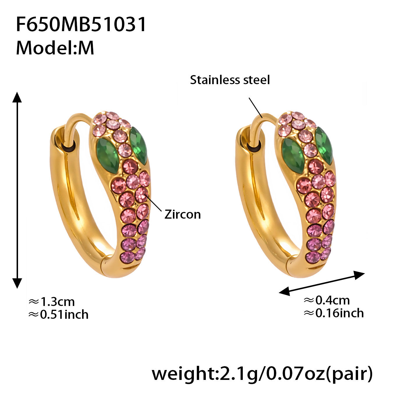 B廠【F650】彩色鋯石U形耳環不鏽鋼鍍18k真金蛇形滿鑽輕奢時尚百搭耳飾
 25.11-1