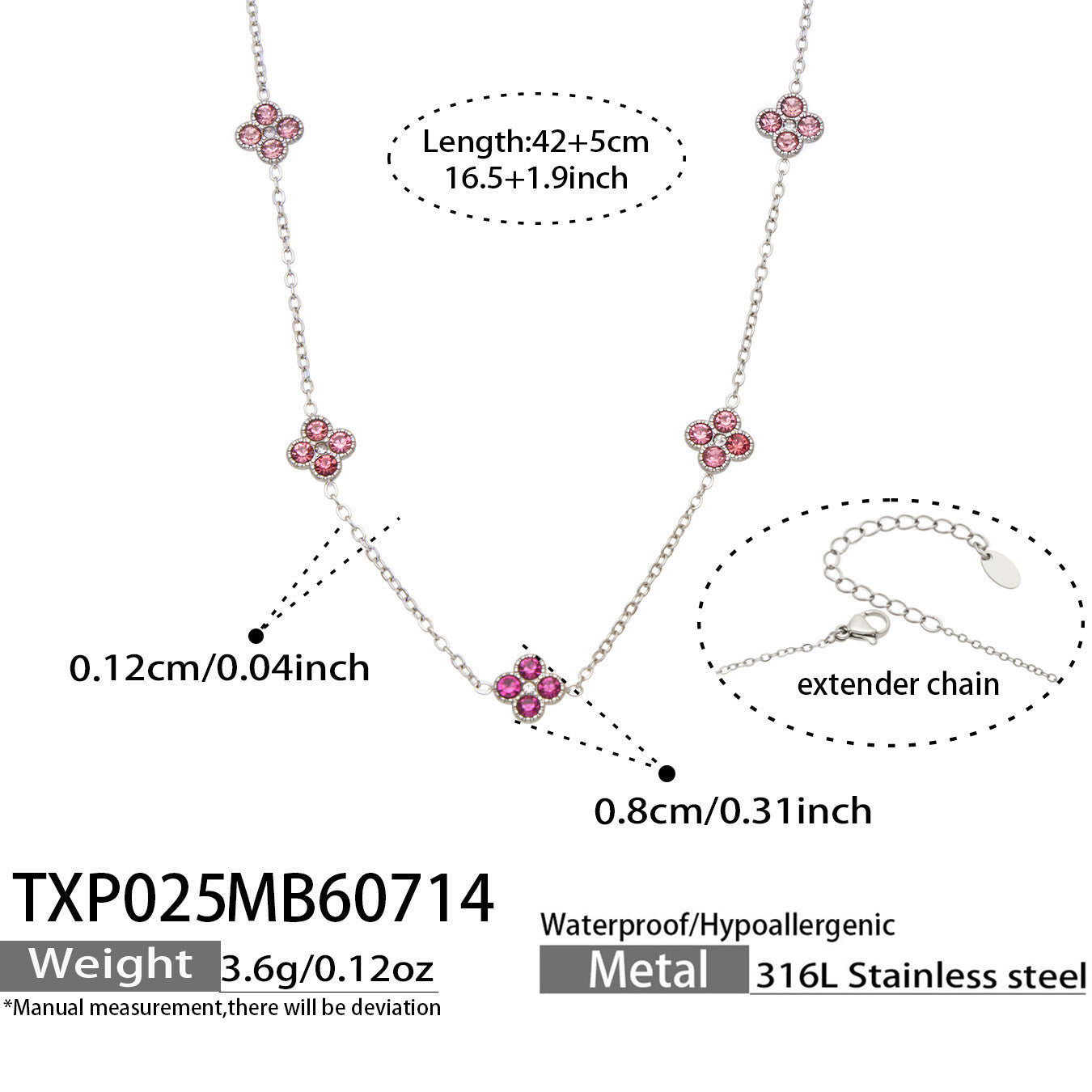 B廠【TXP025】歐美多巴胺系列四葉花不銹鋼鍍18k金 鑲嵌鋯石項鍊手鍊女飾品套裝
 26.07-4