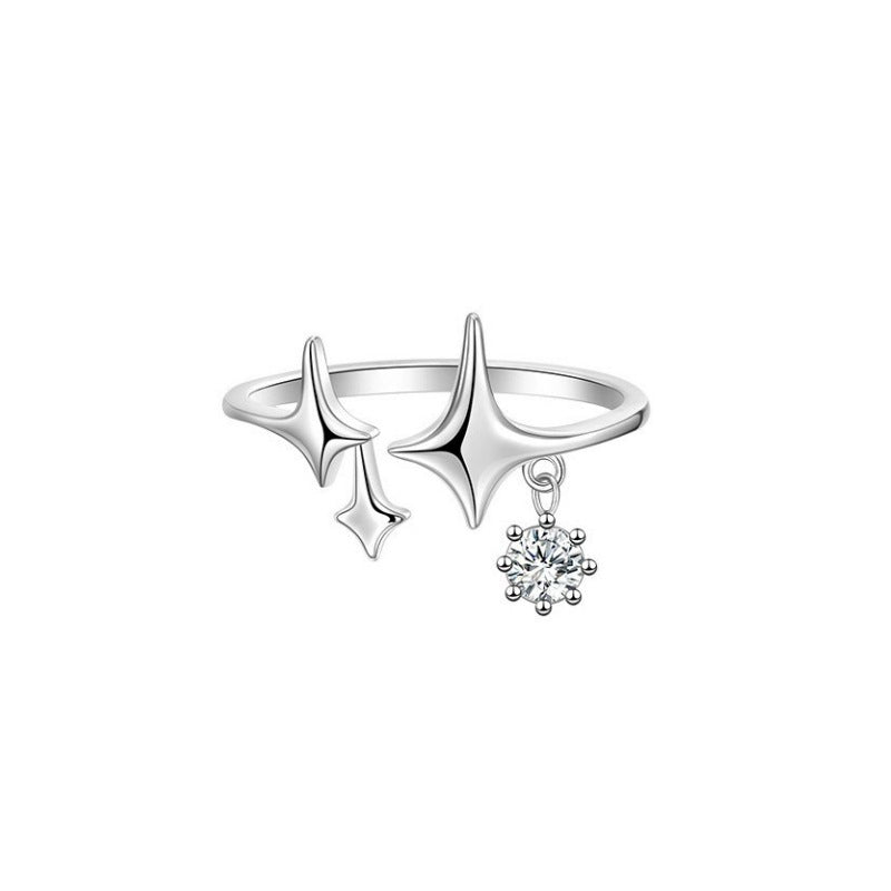 E廠【XDQ8444R】S925純銀韓版簡約四芒星戒指女時尚ins星星鋯石流蘇開口指環
 25.12-1