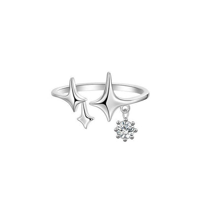 E廠【XDQ8444R】S925純銀韓版簡約四芒星戒指女時尚ins星星鋯石流蘇開口指環
 25.12-1