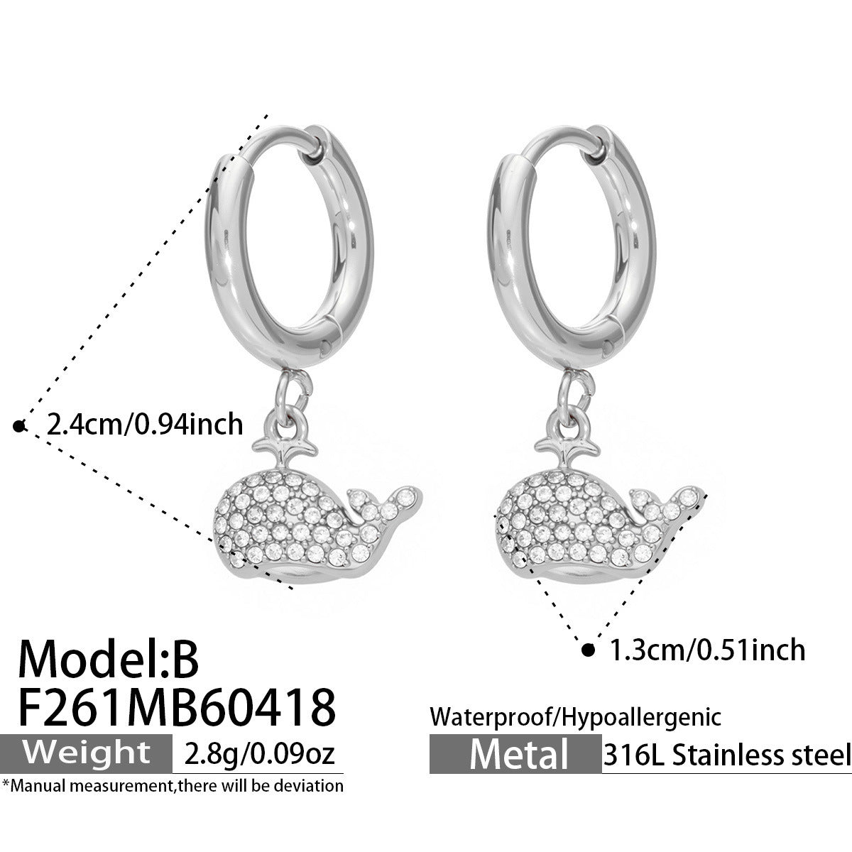 B廠【F261】歐美時尚創意滿鑽小海豚吊墜耳環ins個性海洋風不鏽鋼鍍18k金耳飾
 26.04-4