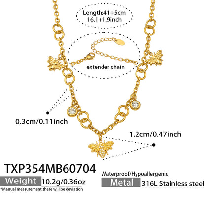B廠【TXP354】歐美5A鋯石小蜜蜂吊墜不鏽鋼鍍18k金 多配件項鍊手鍊套組女飾品 26.07-2