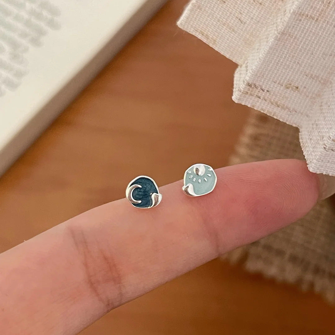 E廠【XDQ11376E】S999純銀不對稱月亮太陽耳環女時尚個性暈染琺瑯通勤百搭耳飾
 25.11-4