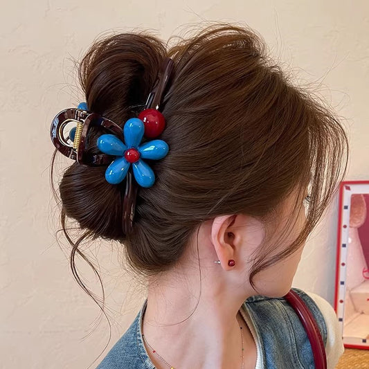 C廠【X82】藍色花朵紅珠抓夾女2026新款頭發鯊魚夾獨特盤髮夾高級感漂亮髮飾
 26.04-3
