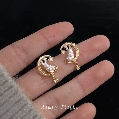 A廠【6726】月兔~原始微鑲鋯石925銀針電鍍14K彩繪月亮新款耳飾 清新甜美耳環
 25.09-2