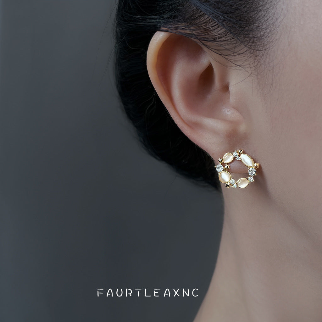 C廠【6958】原創設計玻璃貓眼石微鑲鋯石925銀針鍍14K通勤高級感圓耳環耳飾
 25.10-4