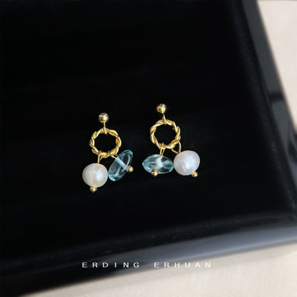 A廠【6441】淡水珍珠玻璃水晶藍色海洋繫手工小巧耳環女氣質簡約甜美新款耳飾 25.07-3