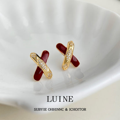 A廠【7229】時尚高級感微鑲鋯石s925銀針琺瑯滴釉酒紅色新款個性叉叉耳環耳飾
 25.12-2