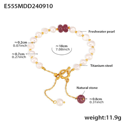 B廠【E555】淡水珍珠手鍊OT扣設計流蘇天然石新款氣質優雅鈦鋼手飾 25.04-1