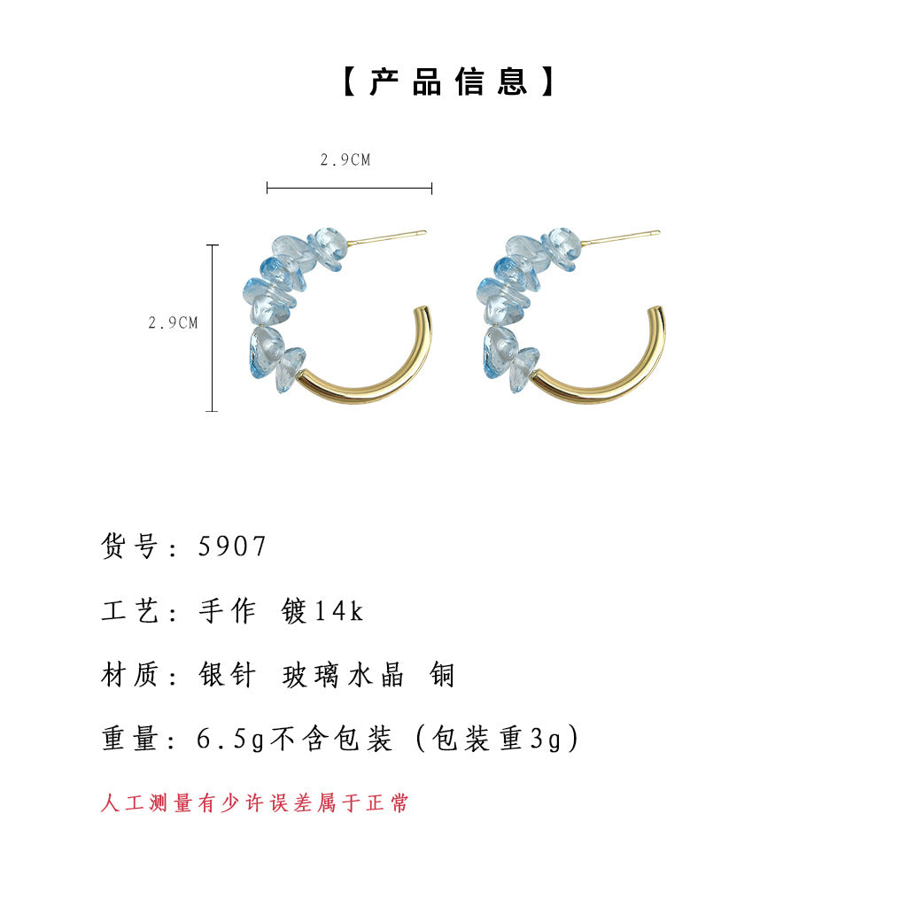 C廠【5907】清新甜美夏日新款海藍寶色玻璃水晶圓形幾何耳環度假風耳環女 25.05-1