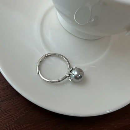 E廠【DQ8496R】S925純銀簡約百搭款素圈正圓仿珍珠戒指女氣質優雅開口戒指環
 25.09-4