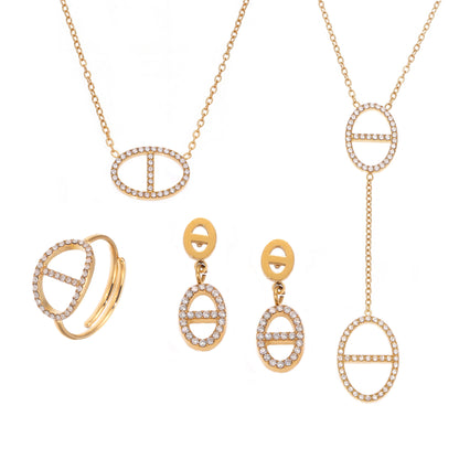 B廠【TXP331】新款不鏽鋼5A鋯石雙人天滿鑽流蘇項鍊耳環組ins開口戒指 25.08-1