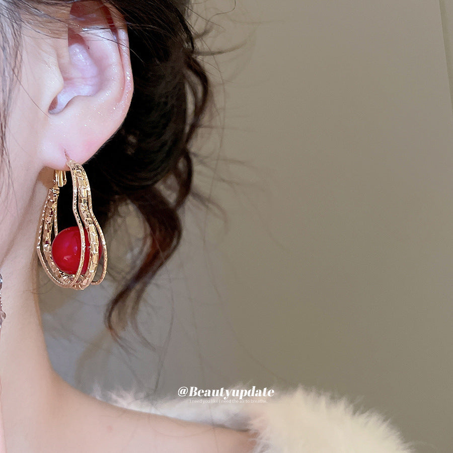 A廠【HE28963】925銀針紅色多層愛心圓球耳圈復古港風耳環耳環輕奢高級感耳飾女
 25.10-4