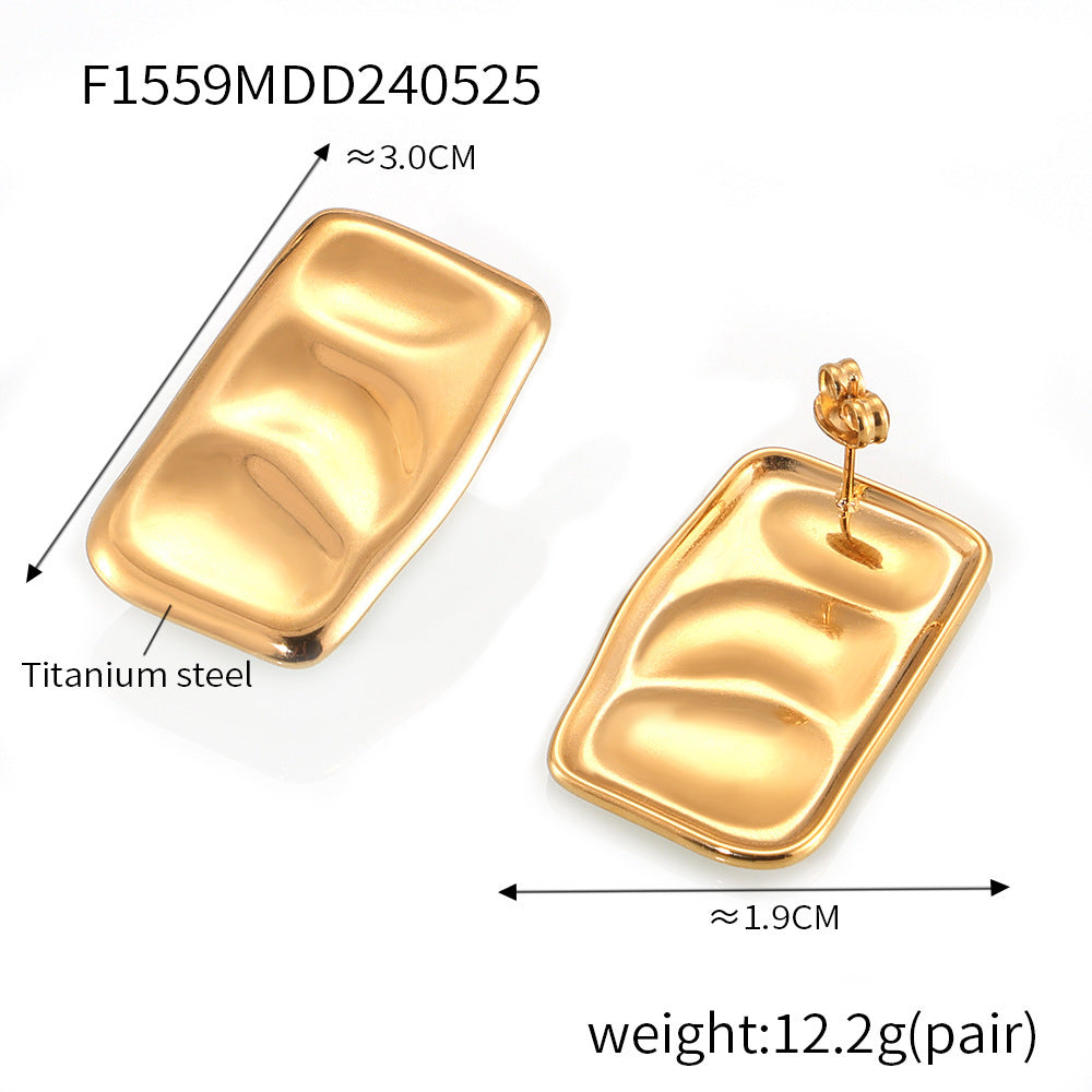 B廠【F1559】夏季潮流誇張個性幾何方形褶皺紋理耳環小眾設計鈦鋼鍍18k金耳飾 24.05-5