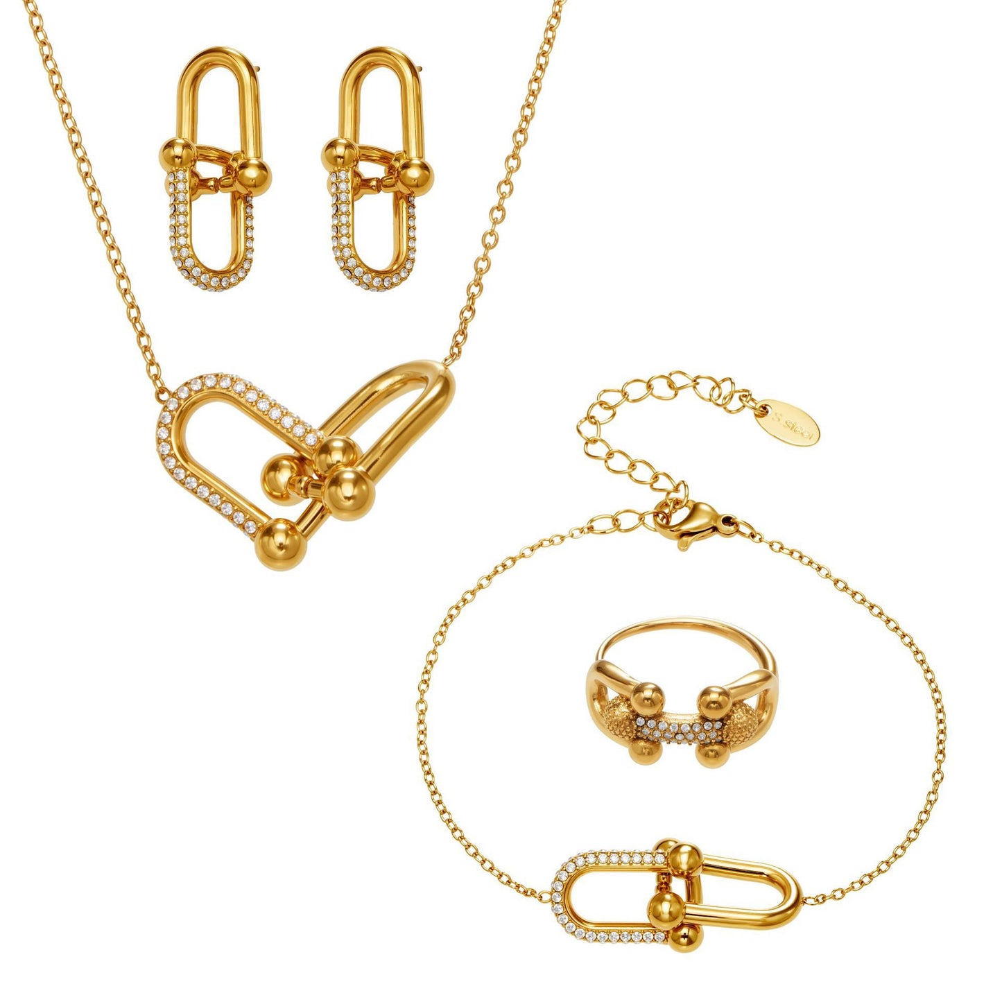 B廠【TXP501】不銹鋼馬蹄扣帶鑽飾品耳環戒指手鍊項鍊首飾套裝鍍18k真金不掉色
 25.11-4