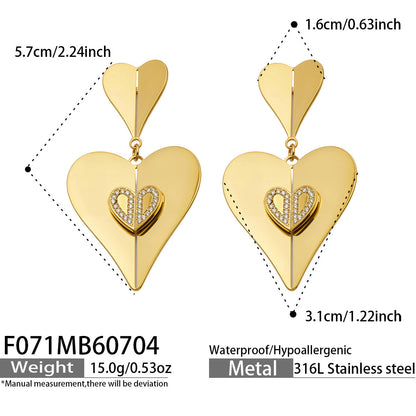 B廠【F071】新品時尚愛心吊墜耳環鑲鋯石不銹鋼鍍18k金 ins風飾品女耳環 26.07-2
