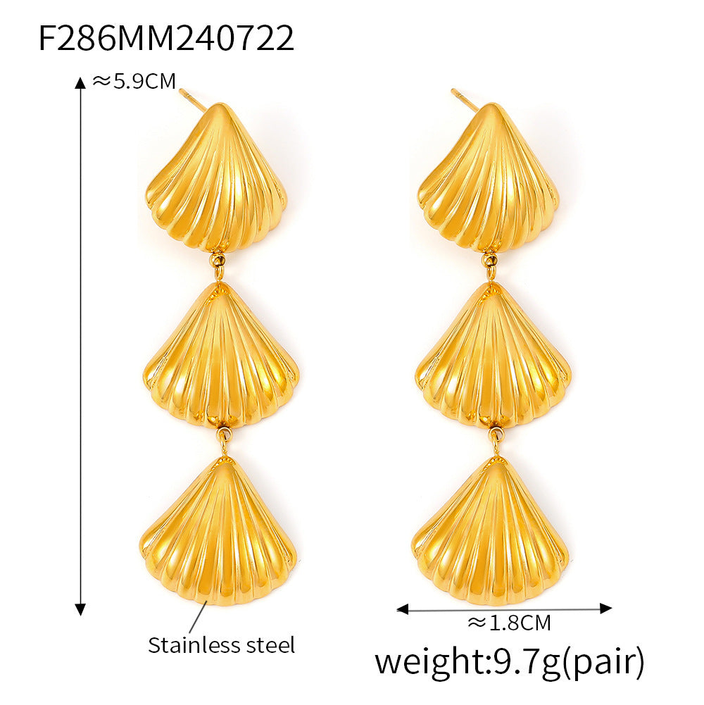 B廠【F286】跨境海洋系列沙灘風三個貝殼流蘇耳環歐美復古氣質設計不鏽鋼鍍金 24.07-5