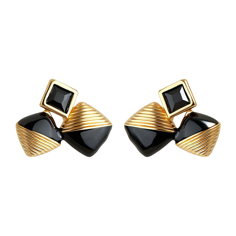 A廠【7182】原創時尚高級感925銀針黑色琺瑯滴釉幾何鋯石耳環女 通勤方形耳飾
 25.12-1