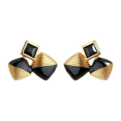 A廠【7182】原創時尚高級感925銀針黑色琺瑯滴釉幾何鋯石耳環女 通勤方形耳飾
 25.12-1