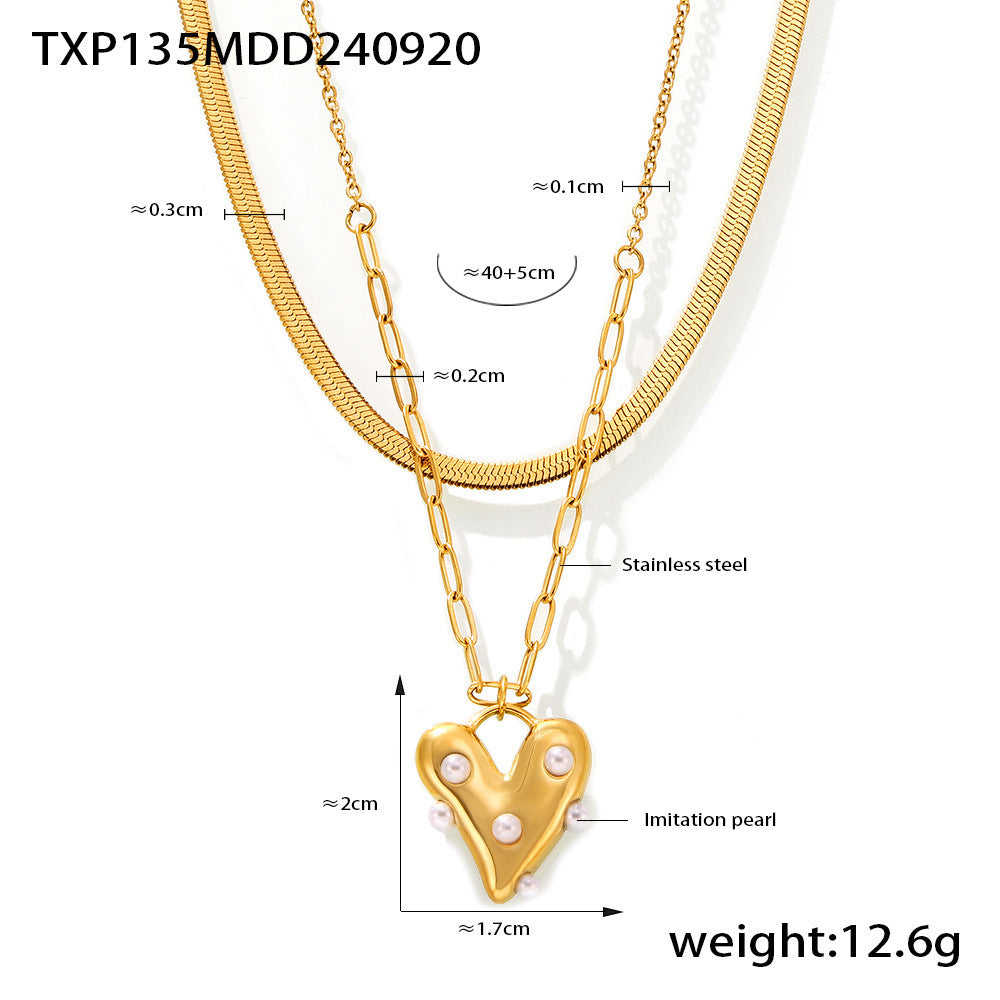 B廠【TXP135】歐美風新款愛心鑲仿珍珠首飾不鏽鋼PVD電鍍項鍊耳環戒指手鍊套裝 24.09-4