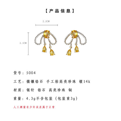 A廠【5004】鑲嵌鋯石鍍14K 925銀針珍珠蝴蝶結耳飾女氣質簡約時尚復古耳環
 25.09-3
