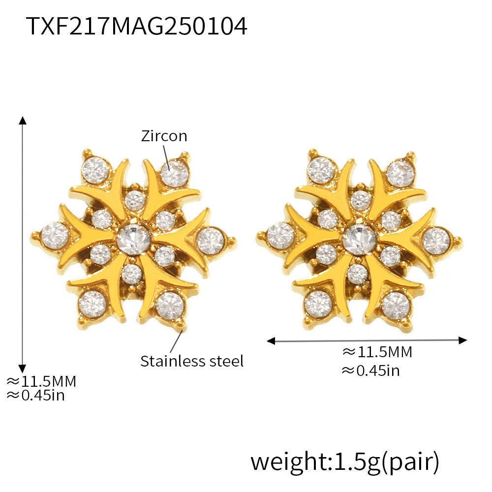 B廠【TXP217】聖誕雪花手工鑲嵌鋯石項鍊耳環手鍊氛圍感不鏽鋼輕奢套組女 25.01-3