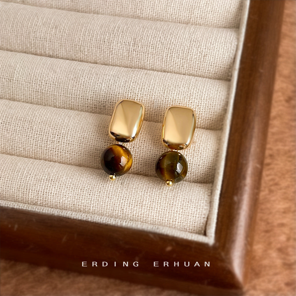 C廠【6947】美拉德風天然石虎眼石時尚高級感鍍14K新款幾何方形耳飾
 25.10-4