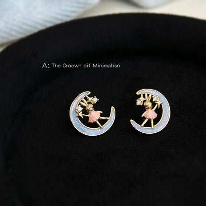 A廠【6661】月兔原創設計師925銀針微鑲鋯石手工彩繪電鍍14K清新甜美耳飾耳環
 25.08-5