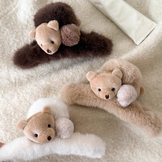 C廠【Y996】可愛毛絨小熊大號抓夾女2025新款高級感秋冬後腦勺髮夾鯊魚夾髮飾
 26.01-1