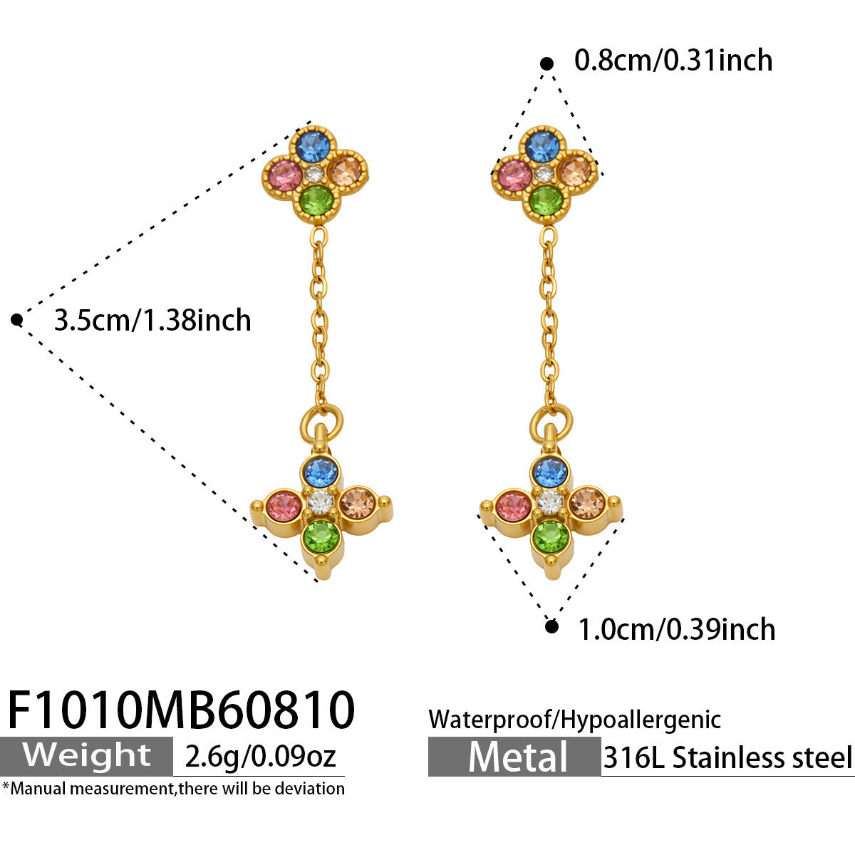 B廠【F1010】新款滿鑽四葉花垂墜耳飾鈦鋼鍍金ins輕奢精緻時尚通勤飾品耳環女
 26.08-2