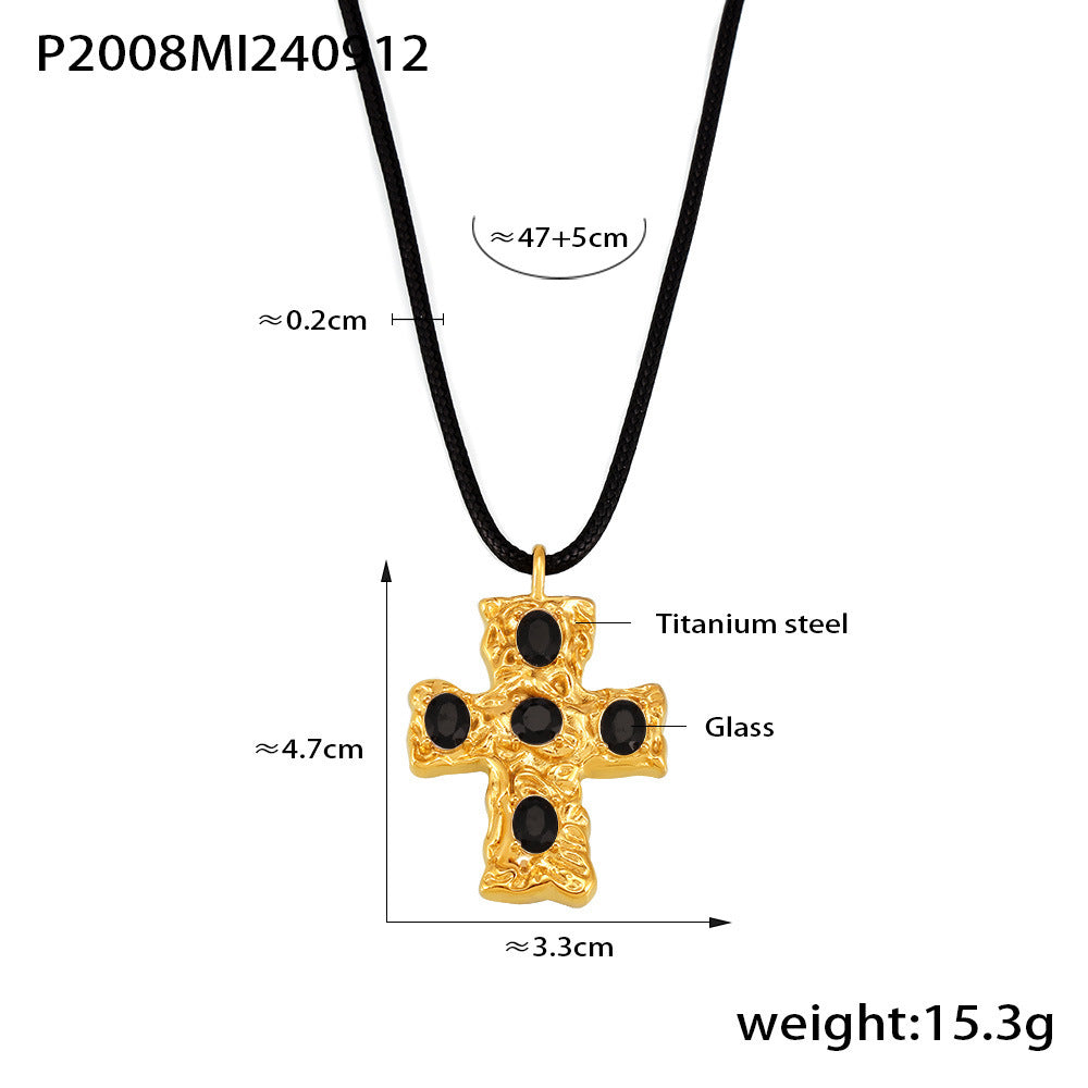 B廠【P2008】歐美跨境捶打紋玻璃十字架黑繩項鍊鈦鋼18K Gold Plated PVD項鍊 24.09-3