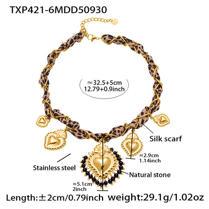 B廠【TXP421】歐美復古絲巾不銹鋼多愛心吊墜項鍊手鍊設計小眾首飾套裝女
 25.10-3