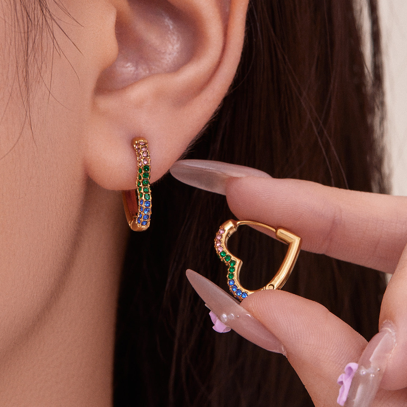 B廠【F649】跨境新款愛心彩色鋯石耳環耳環不鏽鋼鍍18k金時尚百搭耳飾
 25.11-1