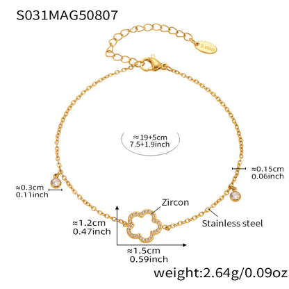 B廠【S031】ins風小清新氣質五葉花鑲嵌5A鋯石超閃腳鍊不鏽鋼鍍18k真金 25.08-3